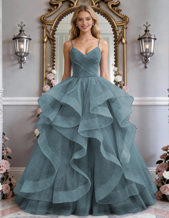 Solid Color Glitter Ruffled Hem Maxi Dress