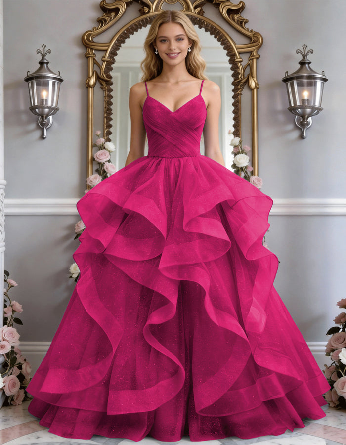 Solid Color Glitter Ruffled Hem Maxi Dress