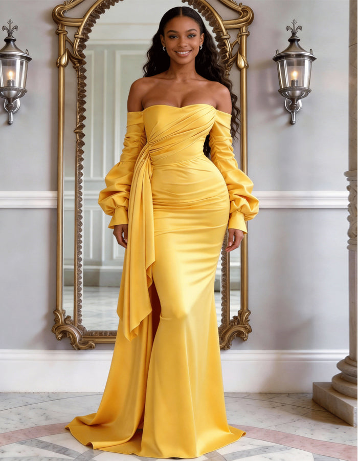 Solid Color Satin Off Shoulder Puff Sleeve Fishtail Maxi Dress