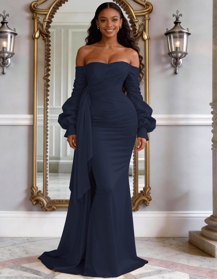 Solid Color Satin Off Shoulder Puff Sleeve Fishtail Maxi Dress