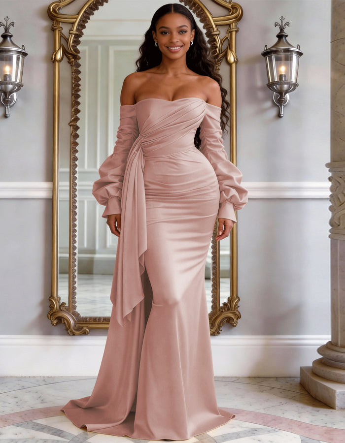 Solid Color Satin Off Shoulder Puff Sleeve Fishtail Maxi Dress
