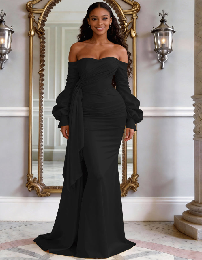 Solid Color Satin Off Shoulder Puff Sleeve Fishtail Maxi Dress