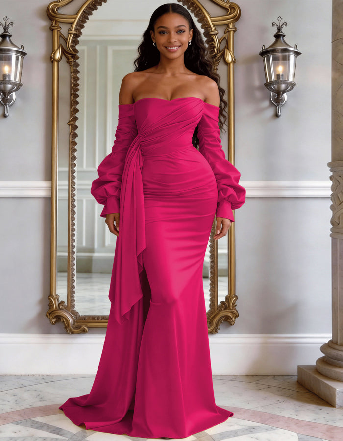 Solid Color Satin Off Shoulder Puff Sleeve Fishtail Maxi Dress