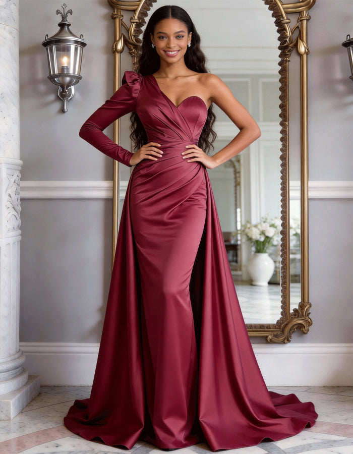 Wine Red Satin One-Shoulder Fishtail Maxi Dress