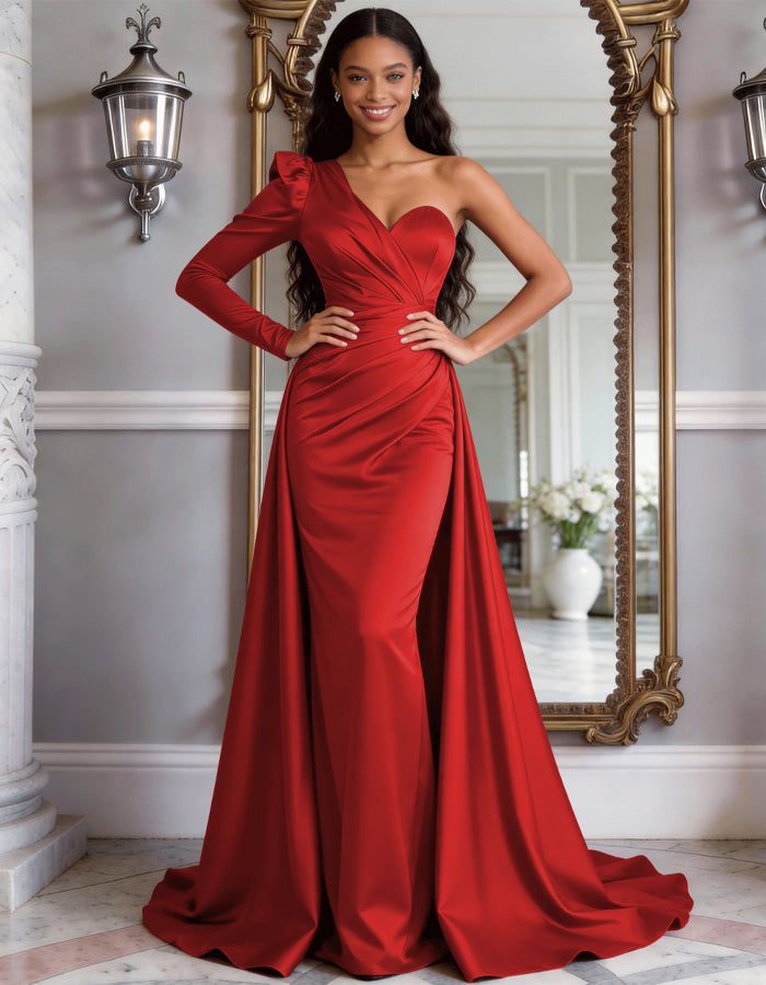 Wine Red Satin One-Shoulder Fishtail Maxi Dress
