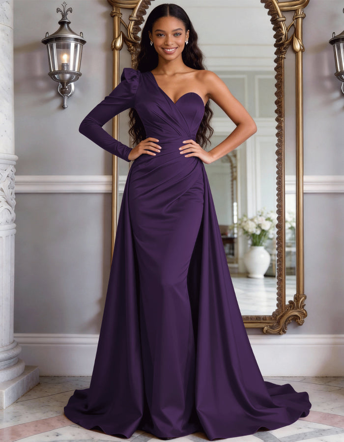 Wine Red Satin One-Shoulder Fishtail Maxi Dress