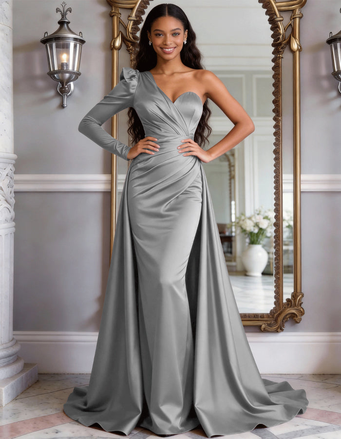 Wine Red Satin One-Shoulder Fishtail Maxi Dress