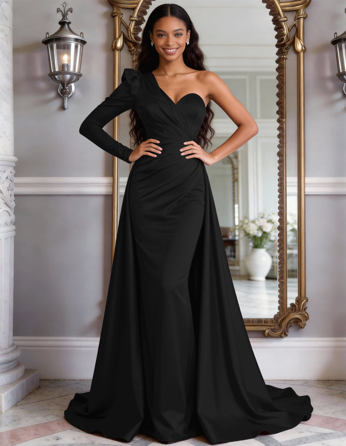 Wine Red Satin One-Shoulder Fishtail Maxi Dress