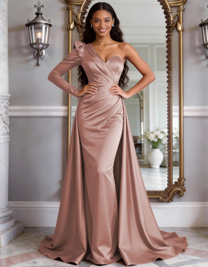 Wine Red Satin One-Shoulder Fishtail Maxi Dress