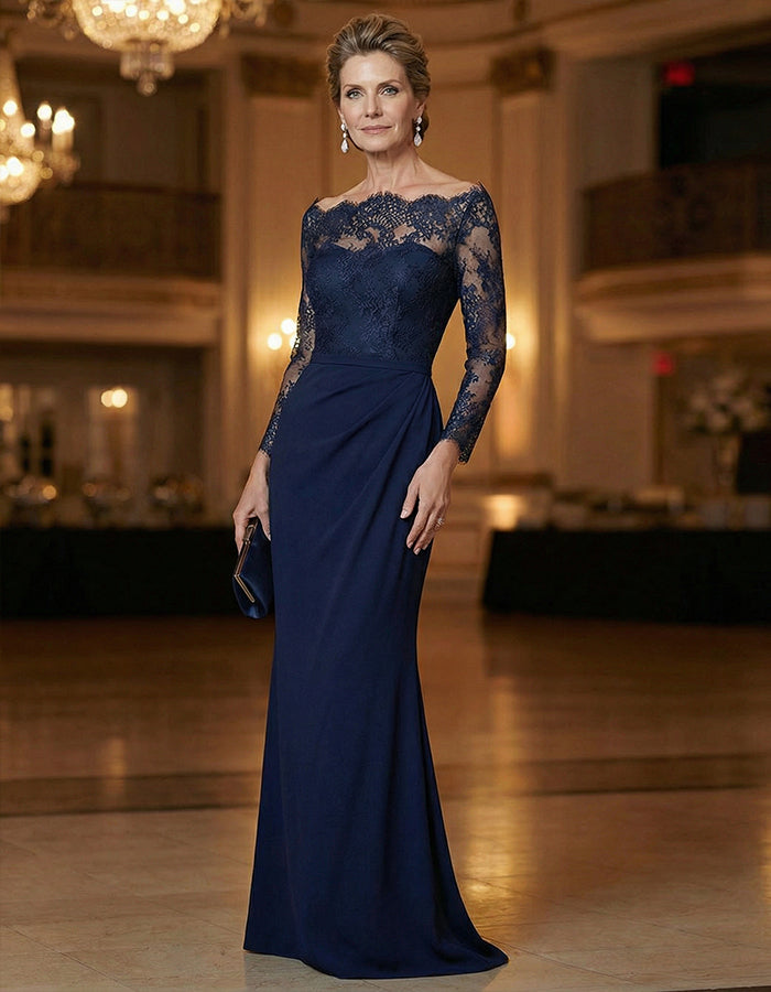Navy Blue Lace Trimmed Satin Fishtail Maxi Dress