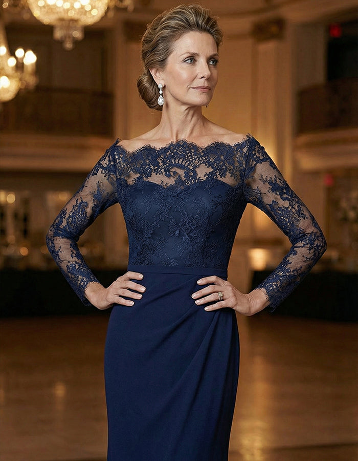 Navy Blue Lace Trimmed Satin Fishtail Maxi Dress
