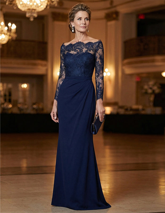 Navy Blue Lace Trimmed Satin Fishtail Maxi Dress