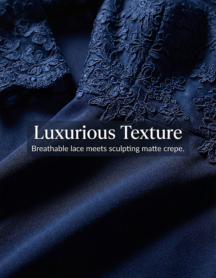 Navy Blue Lace Trimmed Satin Fishtail Maxi Dress