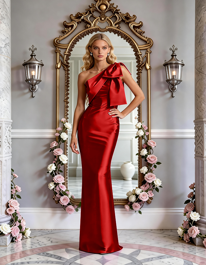 Multi-Colored One-Shoulder Bow Satin Mermaid Maxi Dress