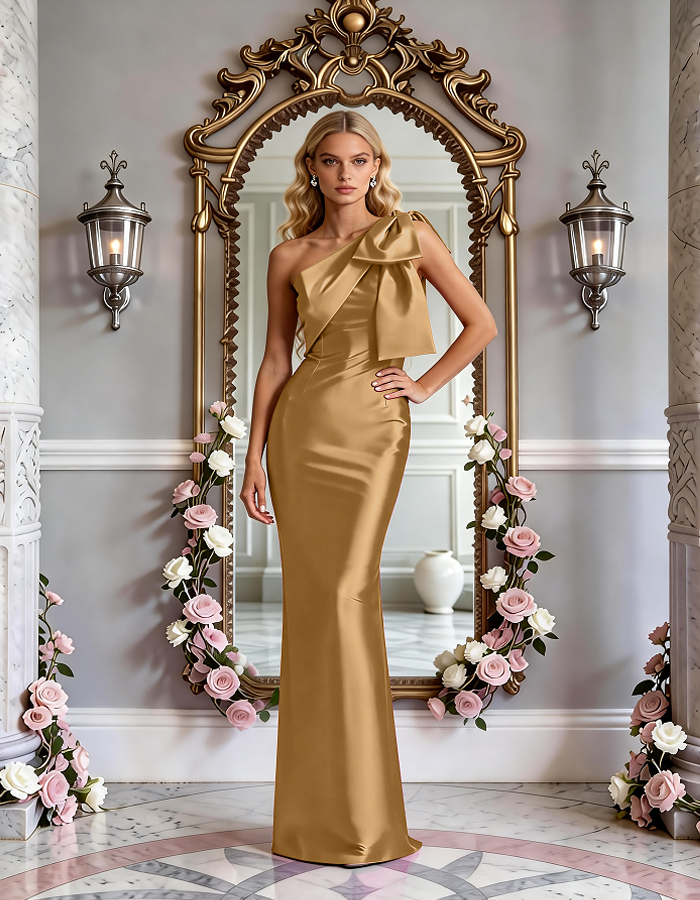 Multi-Colored One-Shoulder Bow Satin Mermaid Maxi Dress