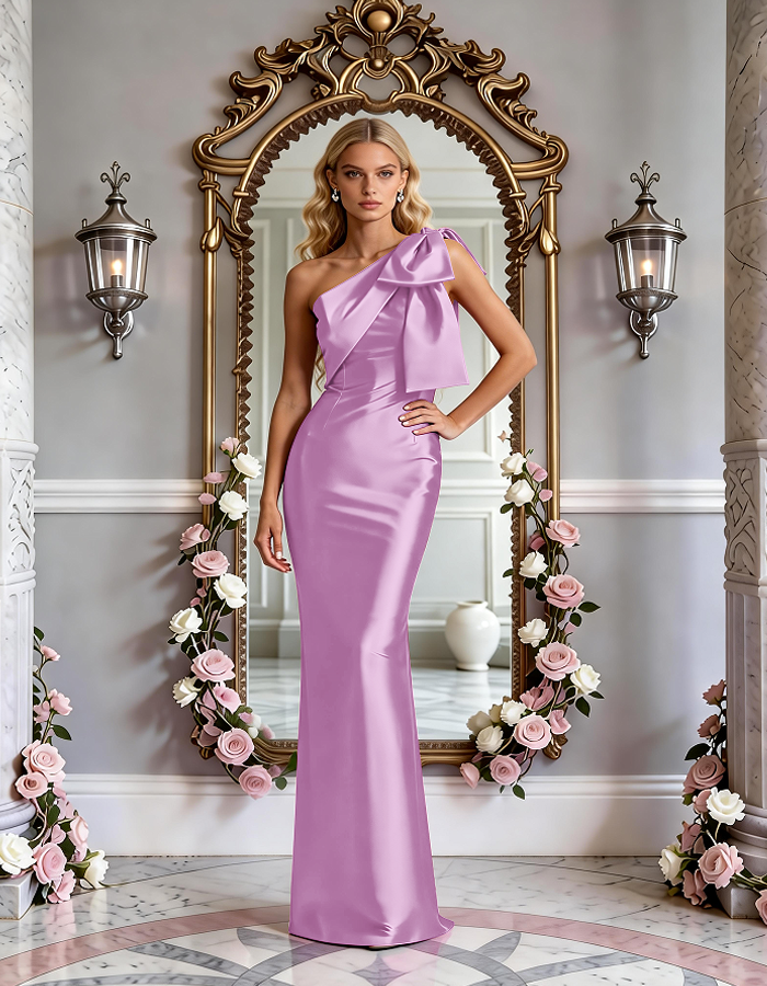 Multi-Colored One-Shoulder Bow Satin Mermaid Maxi Dress