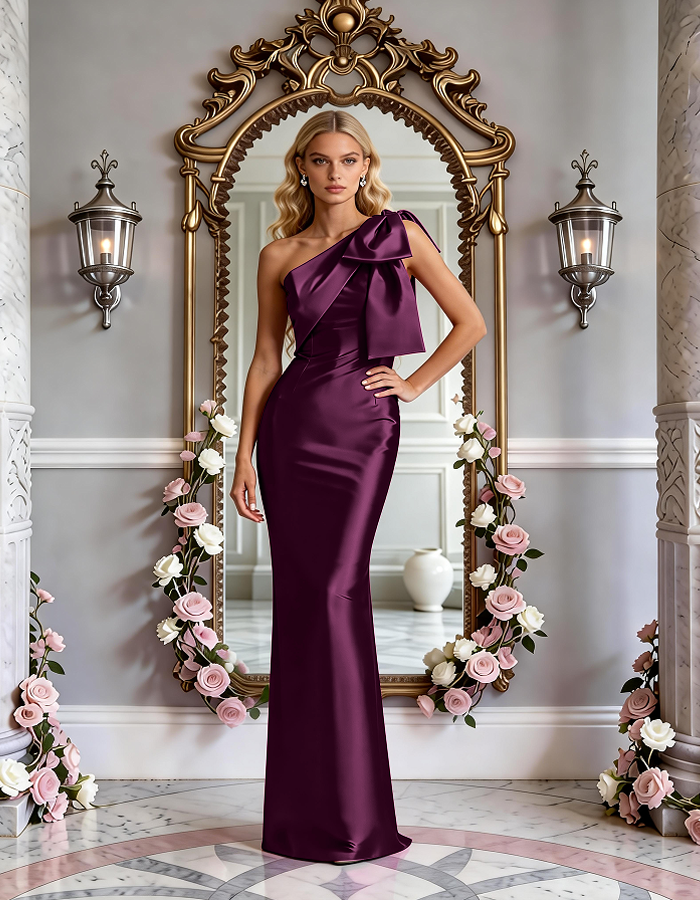 Multi-Colored One-Shoulder Bow Satin Mermaid Maxi Dress