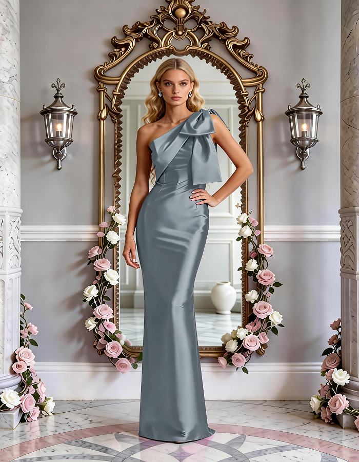 Multi-Colored One-Shoulder Bow Satin Mermaid Maxi Dress