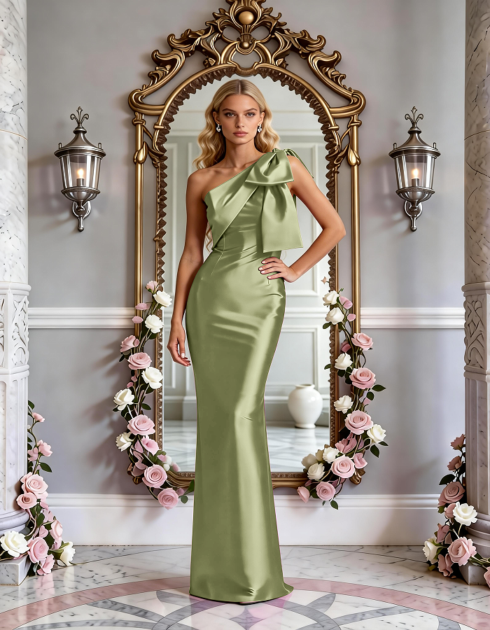 Multi-Colored One-Shoulder Bow Satin Mermaid Maxi Dress