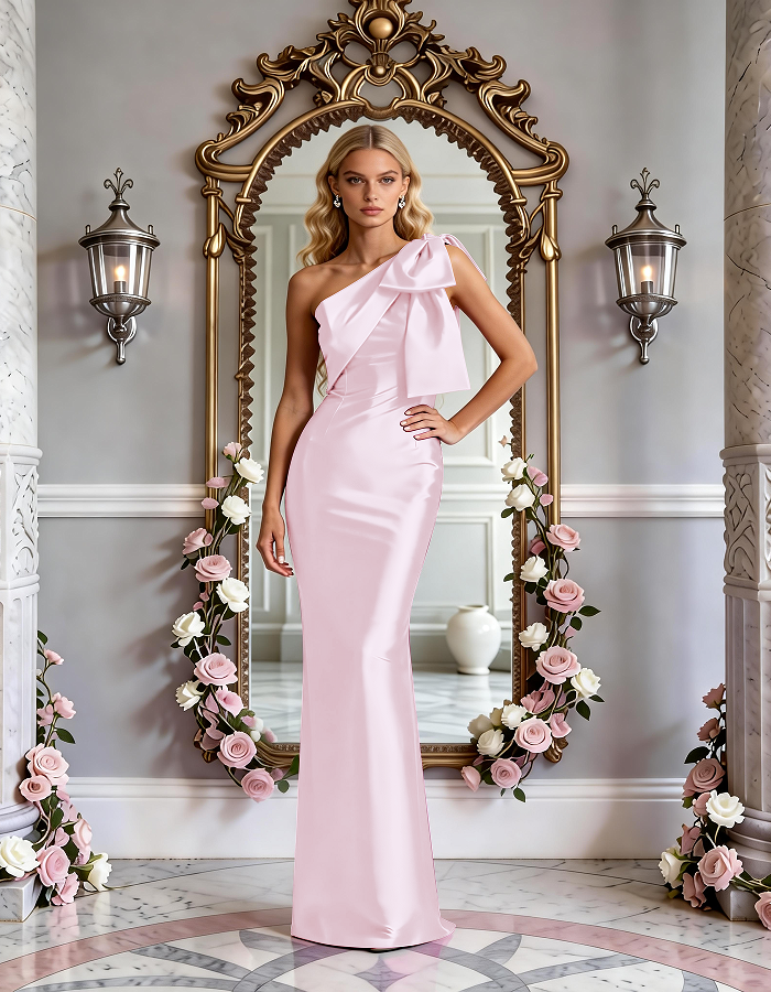 Multi-Colored One-Shoulder Bow Satin Mermaid Maxi Dress