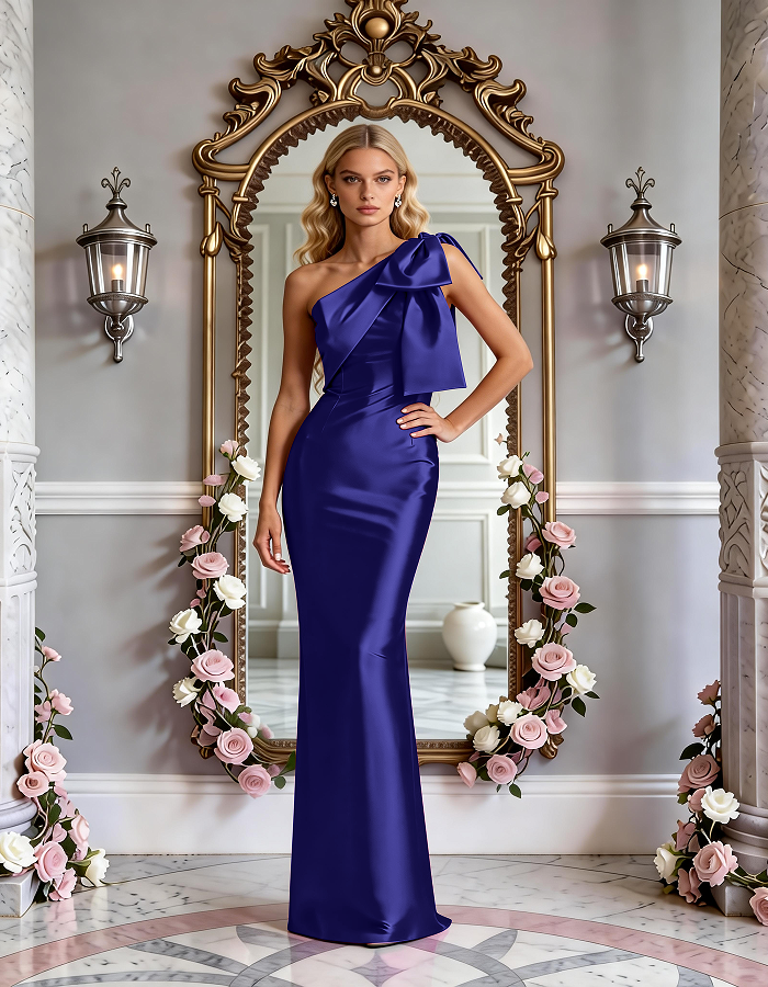 Multi-Colored One-Shoulder Bow Satin Mermaid Maxi Dress