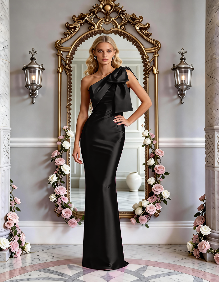 Multi-Colored One-Shoulder Bow Satin Mermaid Maxi Dress