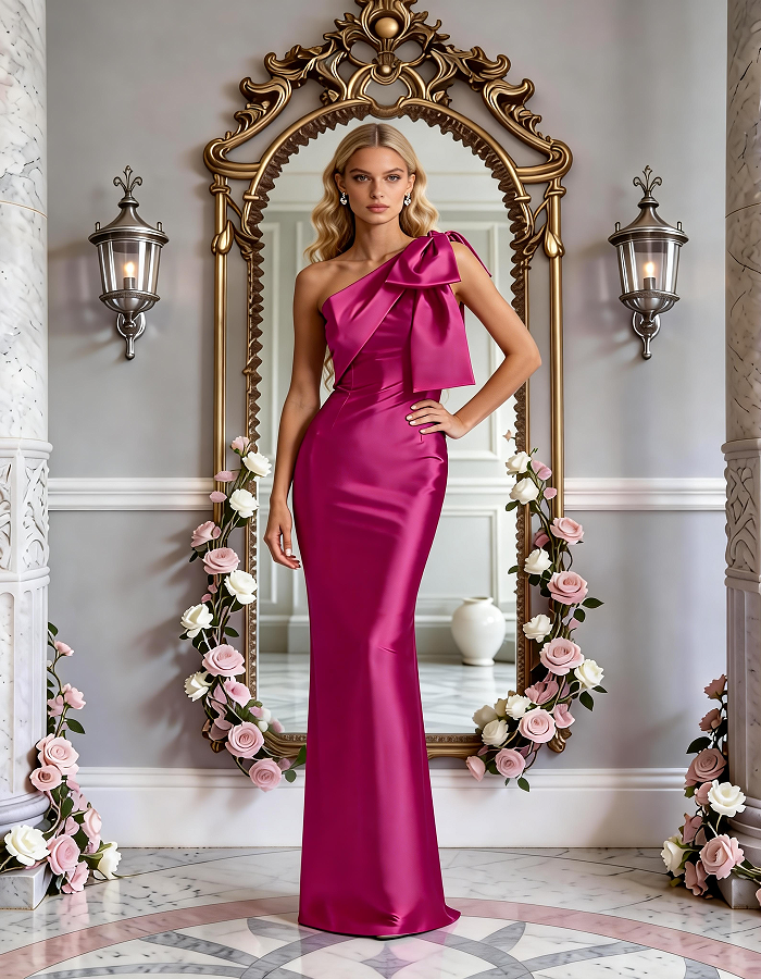 Multi-Colored One-Shoulder Bow Satin Mermaid Maxi Dress