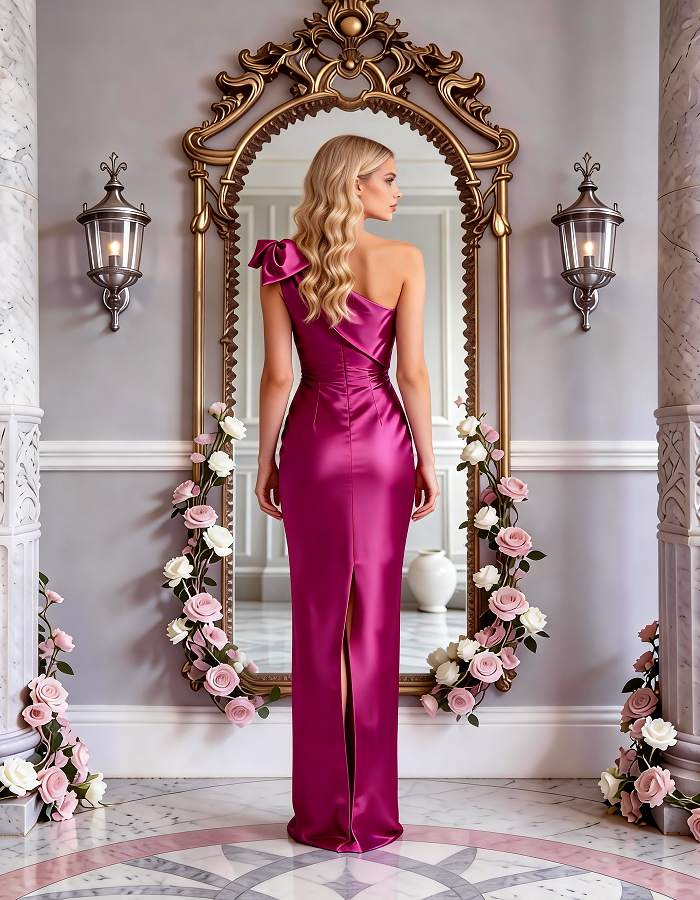 Multi-Colored One-Shoulder Bow Satin Mermaid Maxi Dress