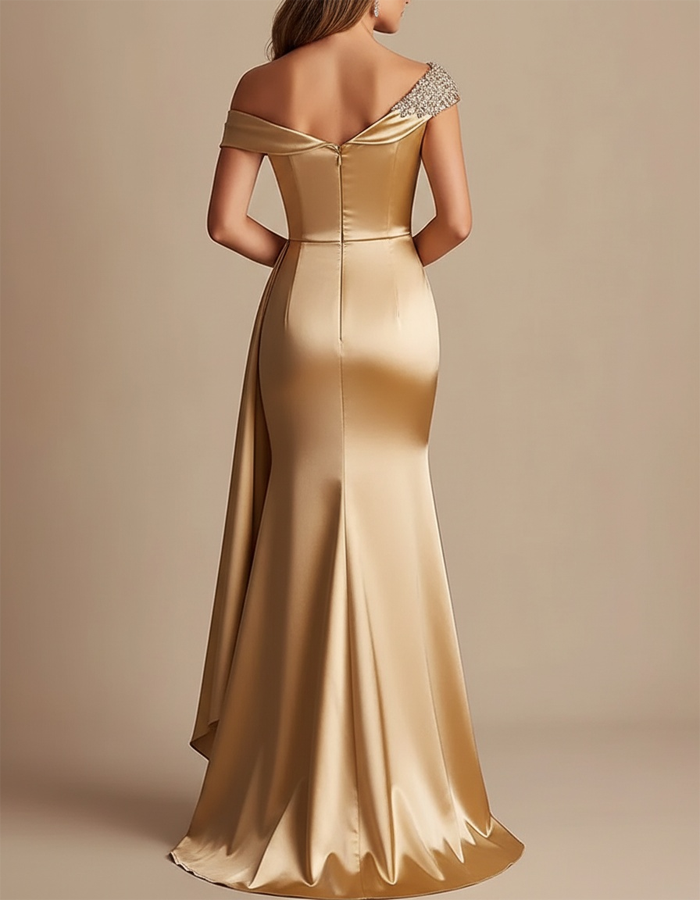 Metallic Gold Asymmetrical Off-the-Shoulder Satin Maxi Dress