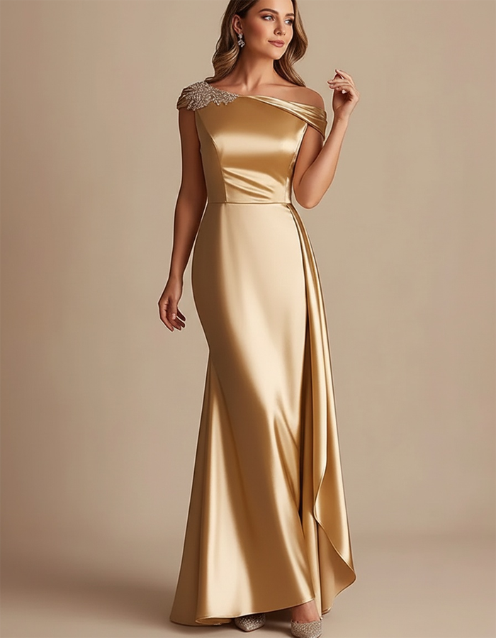 Metallic Gold Asymmetrical Off-the-Shoulder Satin Maxi Dress