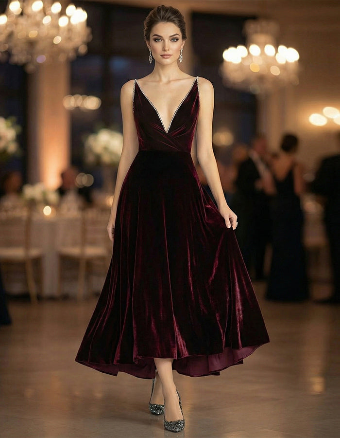 Burgundy Spaghetti Strap V-Neck Velvet Midi Dress