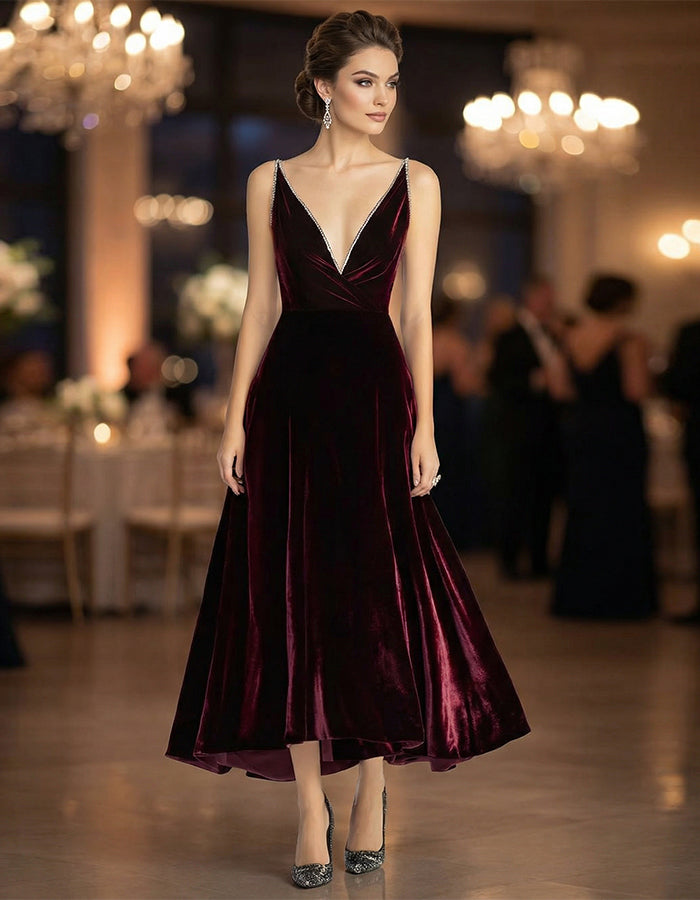 Burgundy Spaghetti Strap V-Neck Velvet Midi Dress