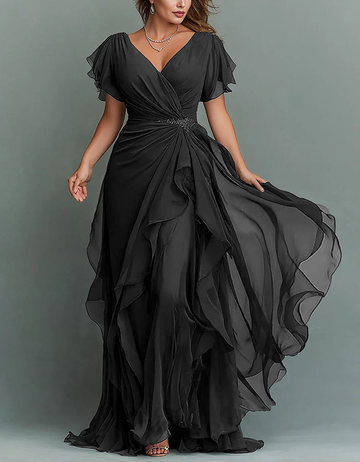 Vestido largo de gasa azul oscuro con cuello en V