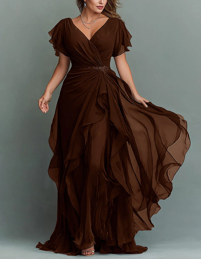 Vestido largo de gasa azul oscuro con cuello en V