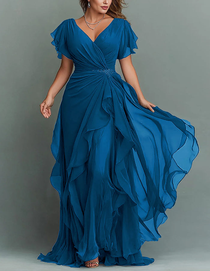 柿乃葉　Ex BIDDU Silk Chiffon Blue M Dark Blue V-neck Chiffon Maxi Dress – Alizua