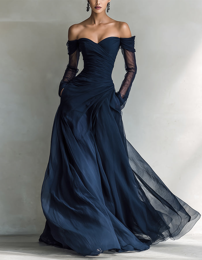 Navy Blue Chiffon Off-shoulder Long Sleeve Maxi Dress – Alizua