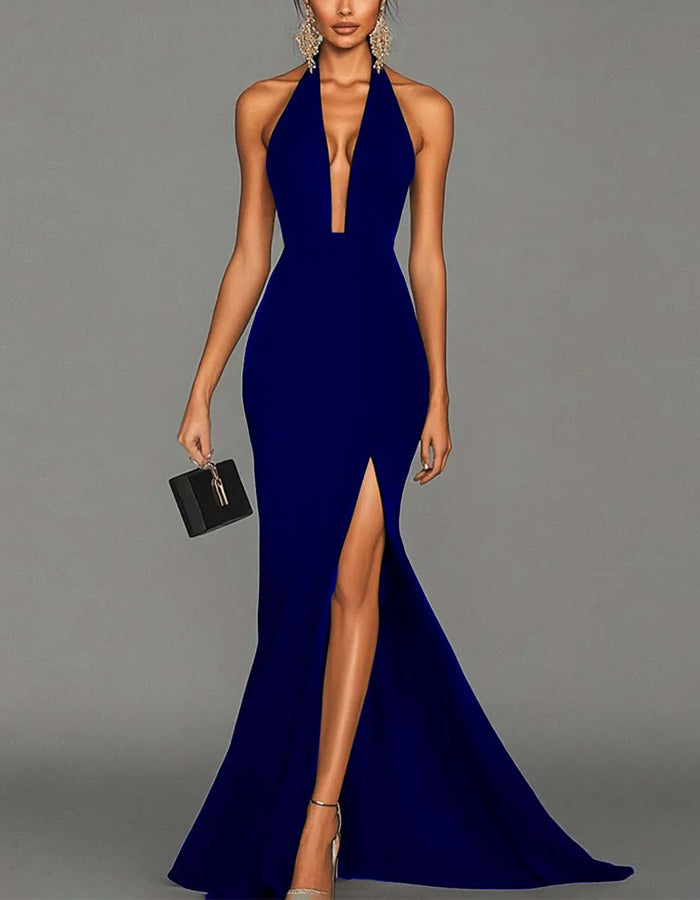 Vestido Largo Maxi con Cuello Halter Negro, Escote en V y Abertura Alta Tipo Cola de Pez