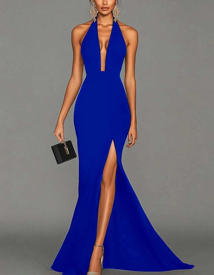 Vestido Largo Maxi con Cuello Halter Negro, Escote en V y Abertura Alta Tipo Cola de Pez