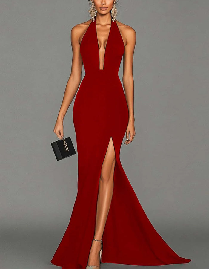 Vestido Largo Maxi con Cuello Halter Negro, Escote en V y Abertura Alta Tipo Cola de Pez