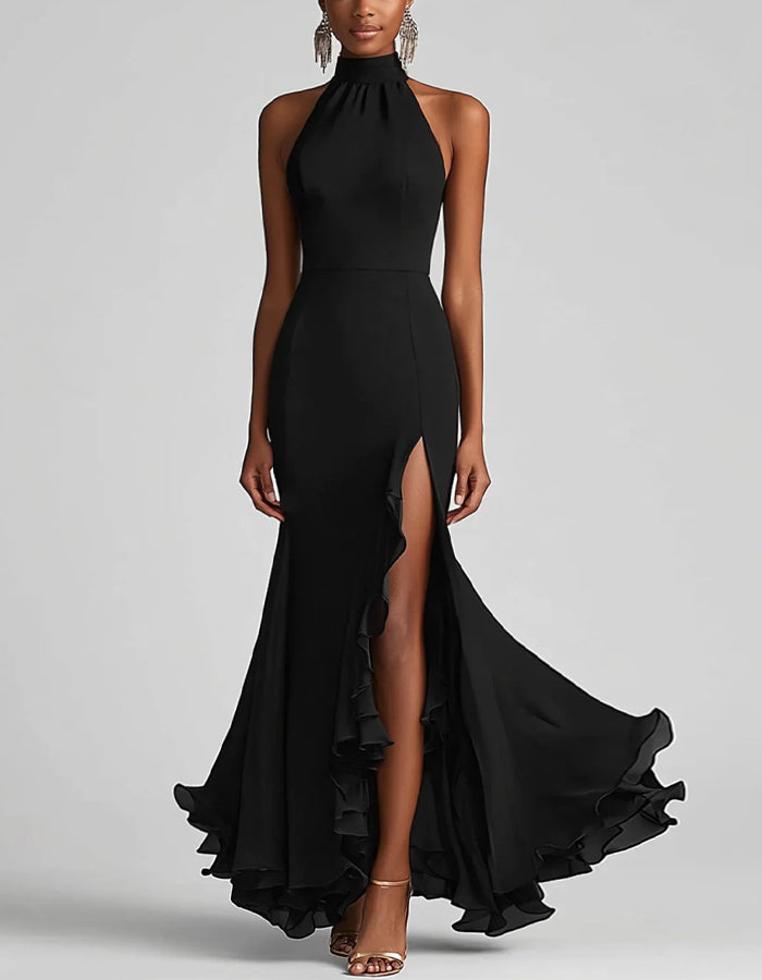 Black Chiffon Halter Neck With Ruffled Slit Fishtail Hem Maxi Dress