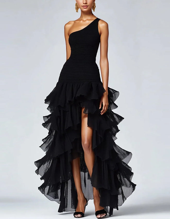 Solid Color One Shoulder Ruffle Irregular Maxi Dress – Alizua