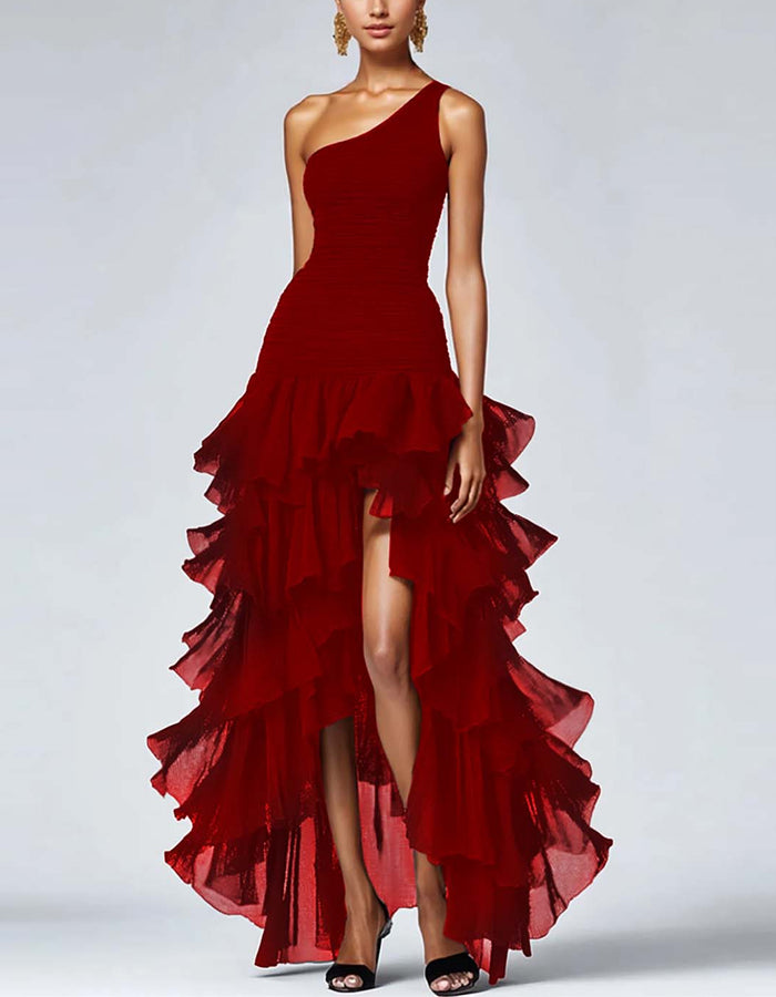 Solid Color One Shoulder Ruffle Irregular Maxi Dress
