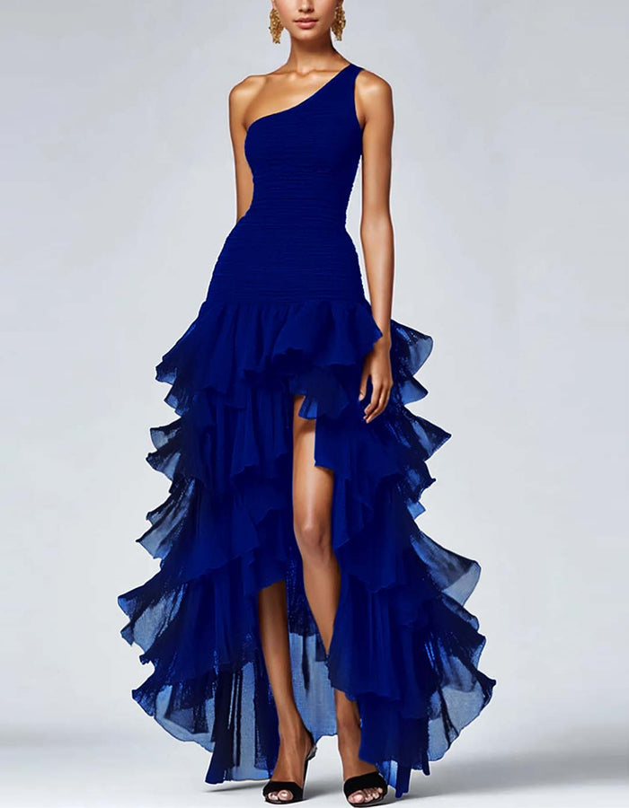 Solid Color One Shoulder Ruffle Irregular Maxi Dress