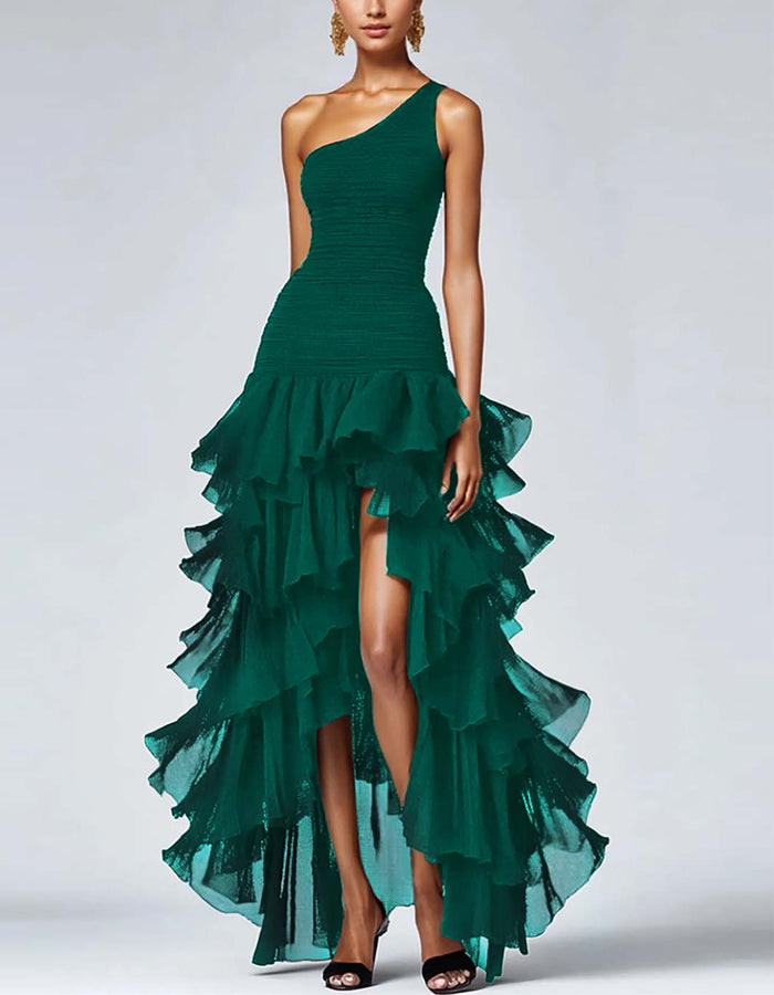 Solid Color One Shoulder Ruffle Irregular Maxi Dress