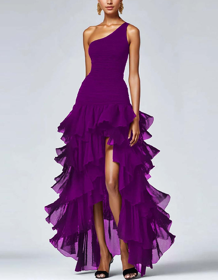 Solid Color One Shoulder Ruffle Irregular Maxi Dress