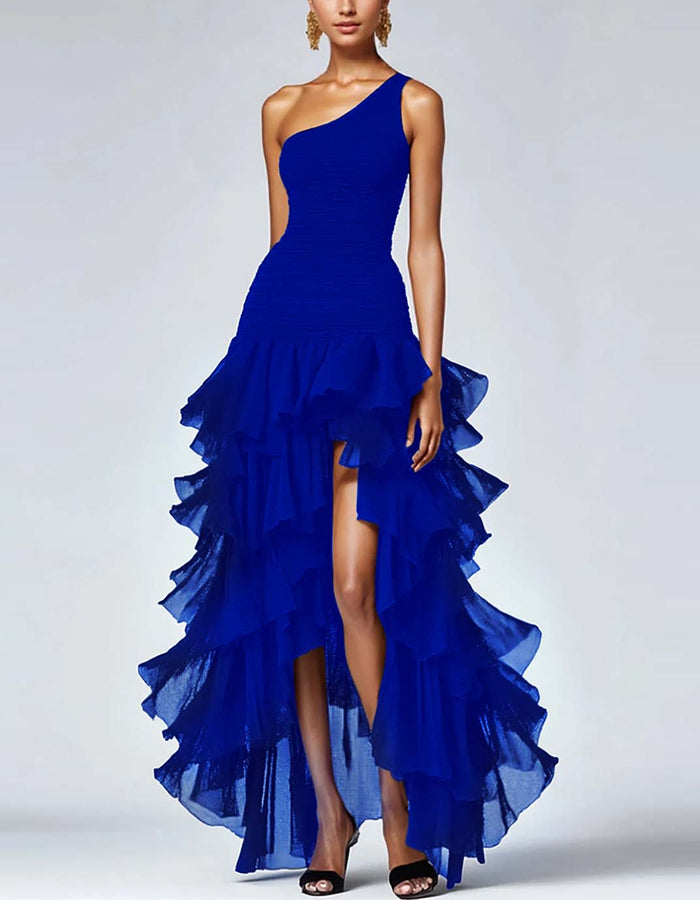 Solid Color One Shoulder Ruffle Irregular Maxi Dress