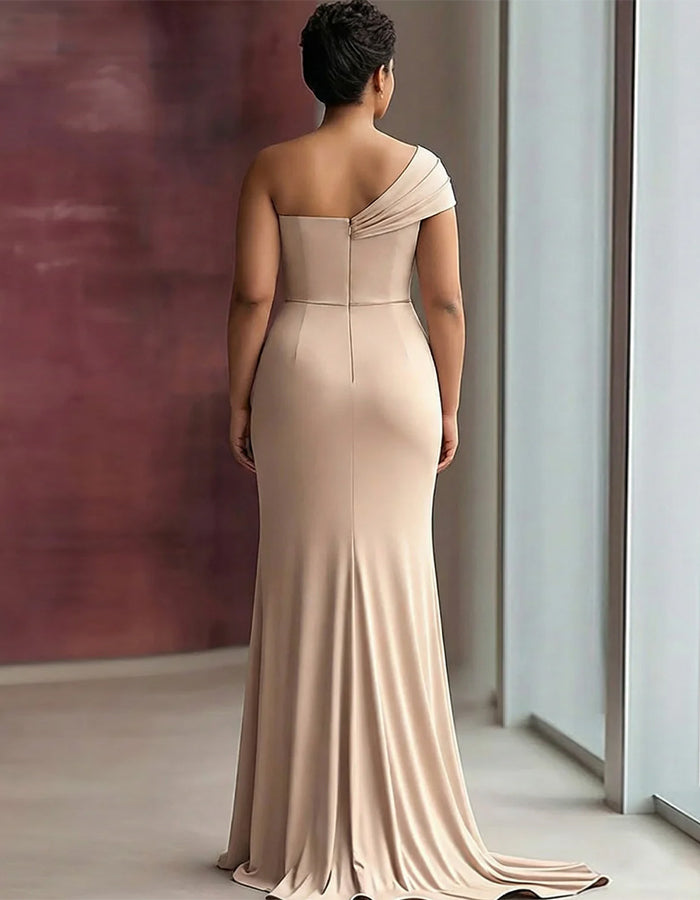 Solid Color Satin One Shoulder Pleated Fishtail Maxi Dress