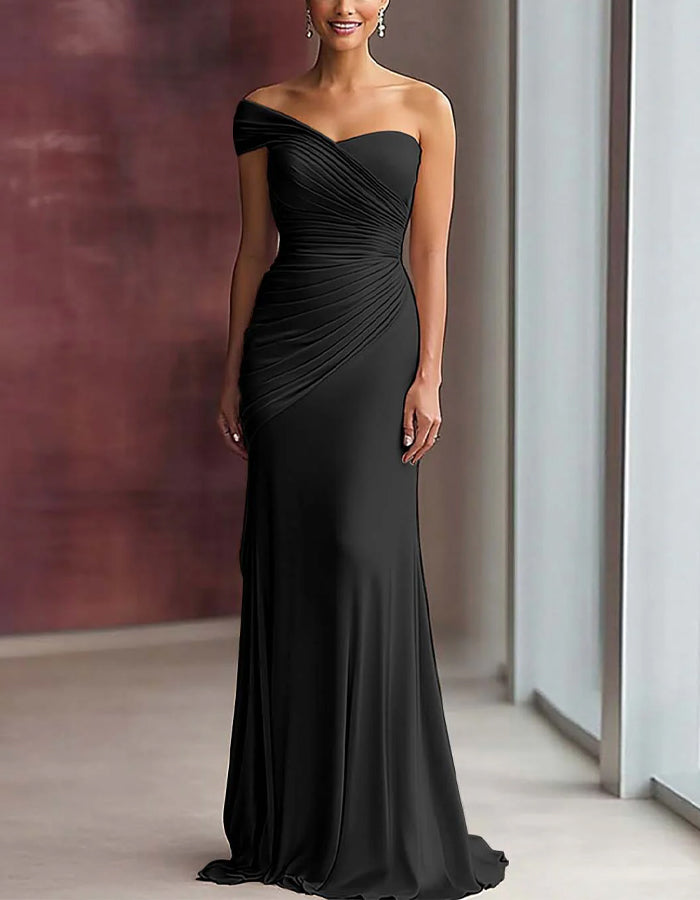 Solid Color Satin One Shoulder Pleated Fishtail Maxi Dress