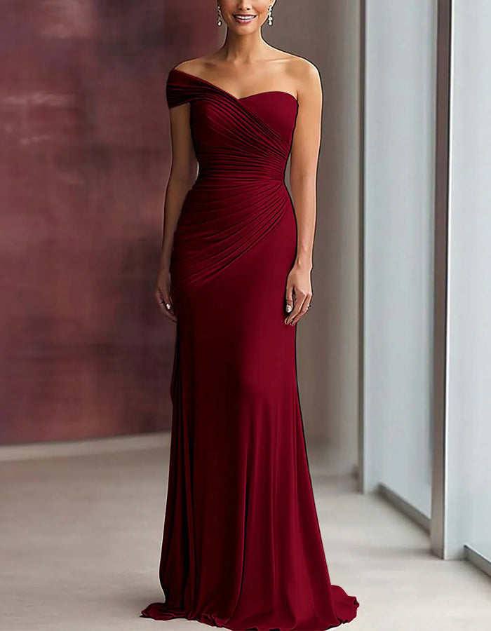 Solid Color Satin One Shoulder Pleated Fishtail Maxi Dress
