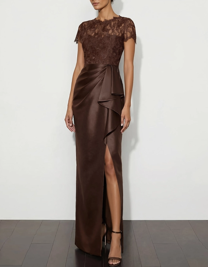 Deep Coffee Lace Satin Maxi Dress